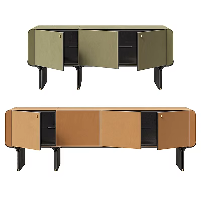Modern Dresser Design with Olive Green and Tan Finish Open Storage Cabinets and Black Legs 3d model