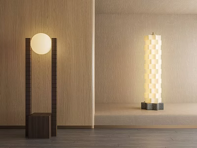 Modern Floor Lamps With Round Shade And Lattice Column Design In Minimalist Interior 3d model