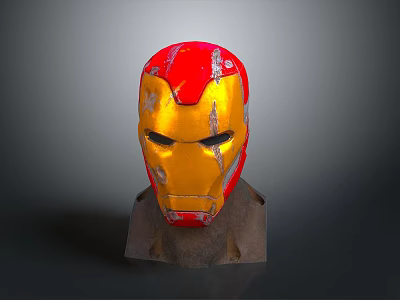 Detailed Damaged Iron Man Helmet With Red And Gold Design On Brown Base Gray Background 3d model