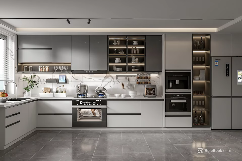 Modern Kitchen Interior With Gray White Cabinetry Appliances Island Open Shelving And Gray Tile Flooring 3d model 