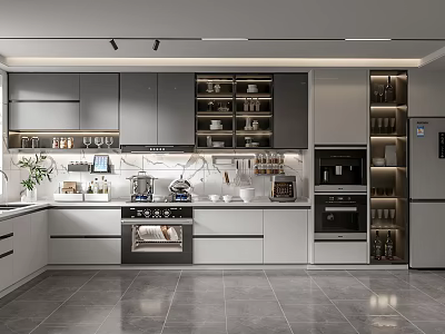 Modern Kitchen Interior With Gray White Cabinetry Appliances Island Open Shelving And Gray Tile Flooring 3d model