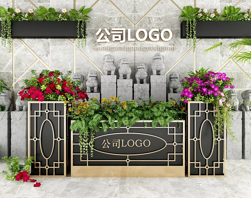 Ornamental Garden Planters With Green Plants Colorful Flowers And Golden Frames 3d model 