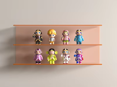 Colorful Small Dolls Displayed On Two Tier Orange Shelf With Various Styles 3d model