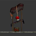 Traditional Stall With Red Canopy Purple Cushion And Hanging Red Lanterns On Stone Slab Base