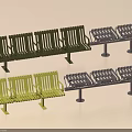 Green And Black Metal Public Chairs With Slatted Seats And Armrests