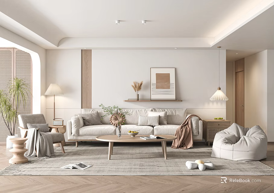 Modern Living Room Interior Design With Beige Sofa Area Rug Floor Lamp And Wall Art 3d model 
