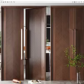 Elegant Brown Wooden Double Doors Interior Design With Herringbone Pattern And Green Plant Decoration