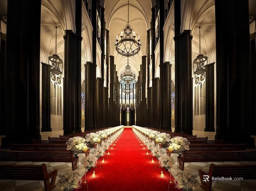 Sacred Church Interior With Arched Ceiling Black Columns Red Carpet Pews And Chandeliers 3d model 