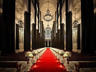 Sacred Church Interior With Arched Ceiling Black Columns Red Carpet Pews And Chandeliers 3d model