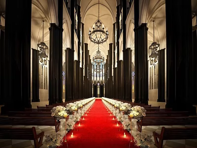Sacred Church Interior With Arched Ceiling Black Columns Red Carpet Pews And Chandeliers 3d model