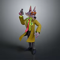 Anthropomorphic Wolf Character In Yellow Trench Coat Red Tie Sunglasses Holding Gun