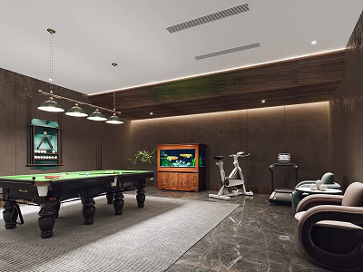 Entertainment Room With Pool Table Fish Tank Fitness Equipment And Comfortable Chairs 3d model