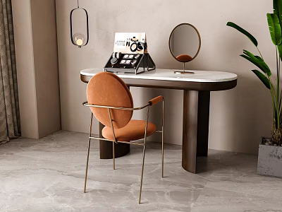 Modern Dressing Table Interior With Orange Chair Round Mirror And Metal Legs 3d model