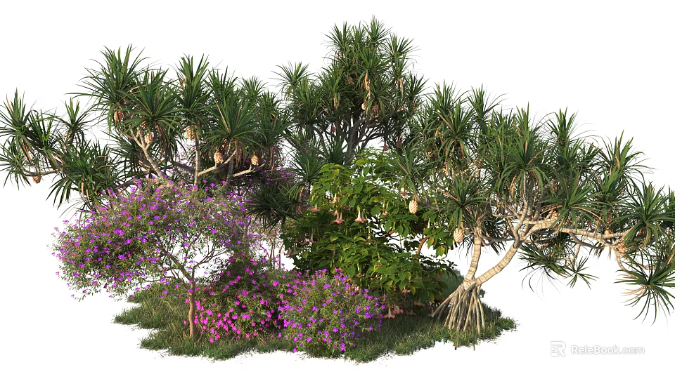 Trees With Clustered Trunks Green Leaves And Purple Flowers In Natural Garden 3d model 