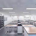 Modern Laboratory Interior With Lab Tables Stools Cabinets And Bright Ceiling Lighting 3d model