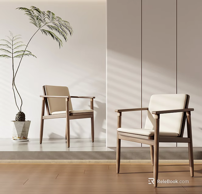 Modern Leisure Chairs With Wooden Frame Beige Fabric Cushion And Indoor Plant Light Shadow 3d model 