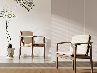 Modern Leisure Chairs With Wooden Frame Beige Fabric Cushion And Indoor Plant Light Shadow 3d model