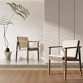 Modern Leisure Chairs With Wooden Frame Beige Fabric Cushion And Indoor Plant Light Shadow