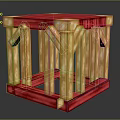Red And Yellow Wooden Cubic Frame Structure With Support Beams And Base