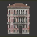 Classic Pink Multi Story Building With Red Roof Arched Windows And Ornate Balconies