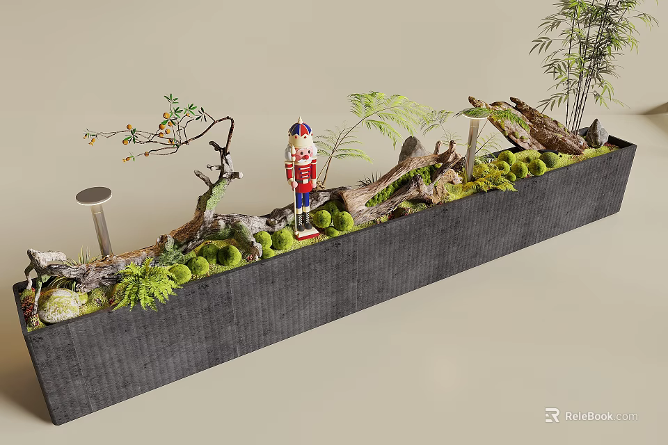 Indoor Landscape With Long Container Moss Ferns Tree Branches Nutcracker Soldier And Bamboo 3d model 