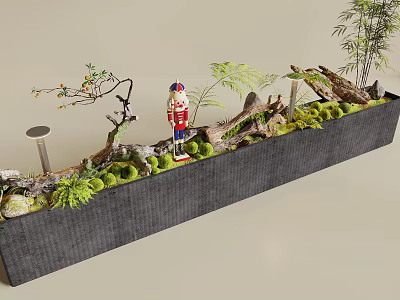 Indoor Landscape With Long Container Moss Ferns Tree Branches Nutcracker Soldier And Bamboo 3d model