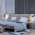 Modern Double Bed Interior With Textured Wall Panels Bedside Lamps Stripped Bedding And Soft Rug