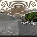 Spacious Modern Lobby Interior With Glass Windows Wooden Ceiling Directional Signage And Comfortable Seating