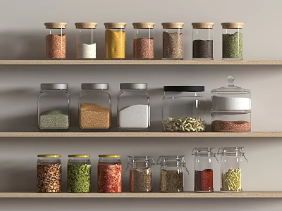 Organized Colorful Glass Spice Jars With Various Seasonings On Kitchen Shelves 3d model