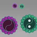 Garden Landscape With Green Purple Lotus Shaped Decorations And Yin Yang Patterns