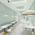 Modern Dessert Shop Interior With Light Green Walls Blue Banquettes And Gold Accents
