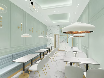 Modern Dessert Shop Interior With Light Green Walls Blue Banquettes And Gold Accents 3d model