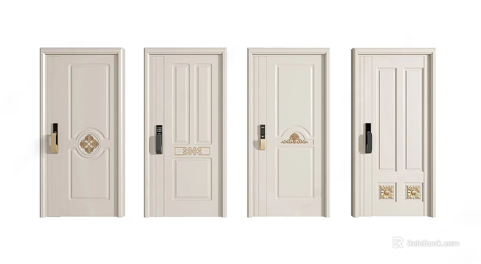 White Security Doors With Decorative Patterns Metal Handles And Locks 3d model