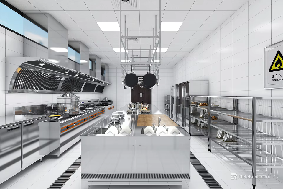 Commercial Restaurant Kitchen With Stainless Steel Equipment Workstations And Hood System 3d model 