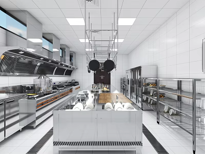 Commercial Restaurant Kitchen With Stainless Steel Equipment Workstations And Hood System 3d model
