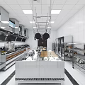 Commercial Restaurant Kitchen With Stainless Steel Equipment Workstations And Hood System