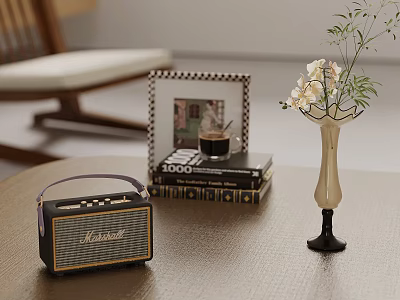 Stylish Tabletop Setup With Marshall Speaker Floral Vase Books And Photo Frame 3d model