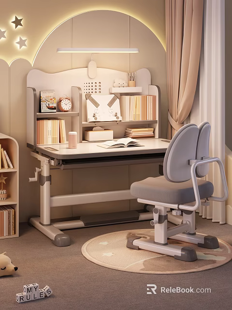 Adjustable Study Desk With Bookshelf And Ergonomic Chair For Home Office 3d model 