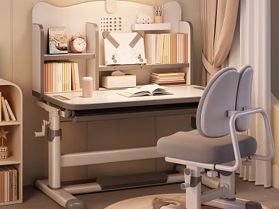 Adjustable Study Desk With Bookshelf And Ergonomic Chair For Home Office 3d model