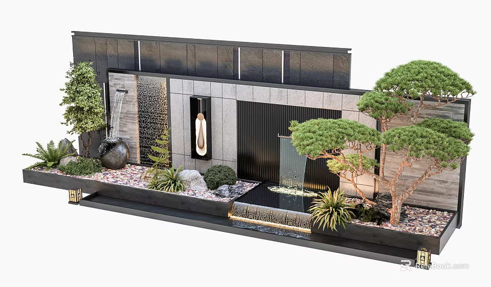 Black Stone Feature Wall Design With Waterfall Plants Pine Trees And Pebbles 3d model