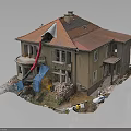 Beige House With Red Tile Roof Under Renovation Featuring Scaffolding Debris And Blue Tarpaulin