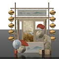 Traditional Chinese Photo Check-in Spot With Hanging Lanterns Wooden Frame Landscape Screen And Paper Fans
