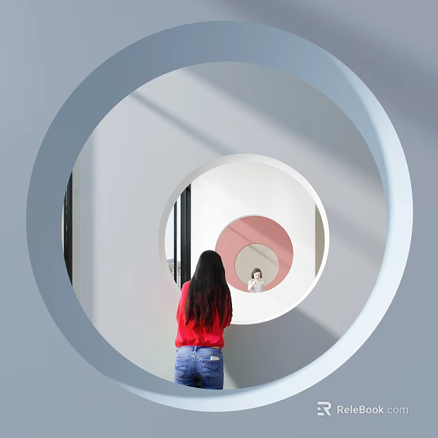 Woman Viewing Mirror In Circular Structure Of Modern Sales Office With White And Pink Walls 3d model 