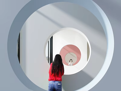 Woman Viewing Mirror In Circular Structure Of Modern Sales Office With White And Pink Walls 3d model