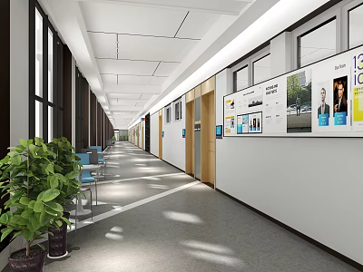 Spacious Bright School Corridor with Display Boards Green Plants And Seating Area 3d model