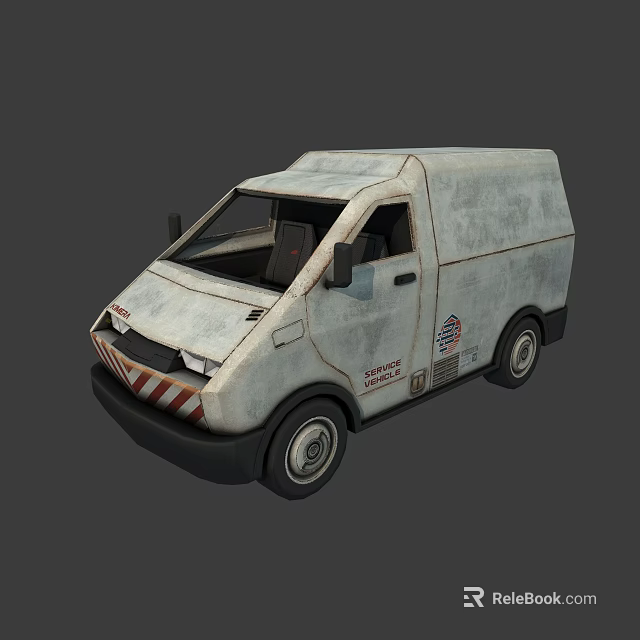 Old White Work Van With Red And White Stripes And Rustic Exterior 3d model 