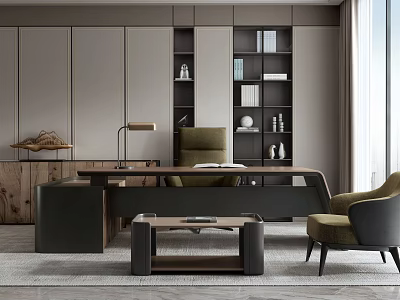 Modern Office Interior With Dark Cabinets Wooden Desk Green Chair And Natural Light 3d model
