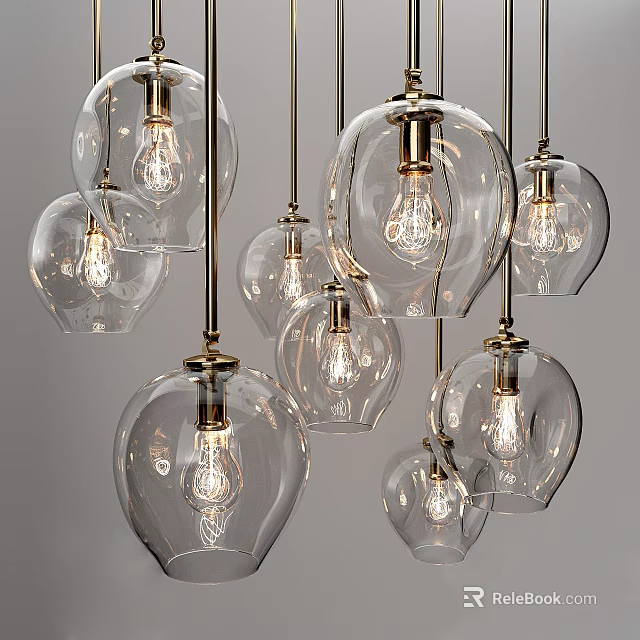 Elegant Modern Transparent Glass Chandeliers With Brass Bases And Exposed Bulbs 3d model 