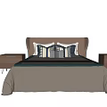 Double Bed With Upholstered Headboard Patterned Pillows Beige Bedspread And Nightstands 3d model