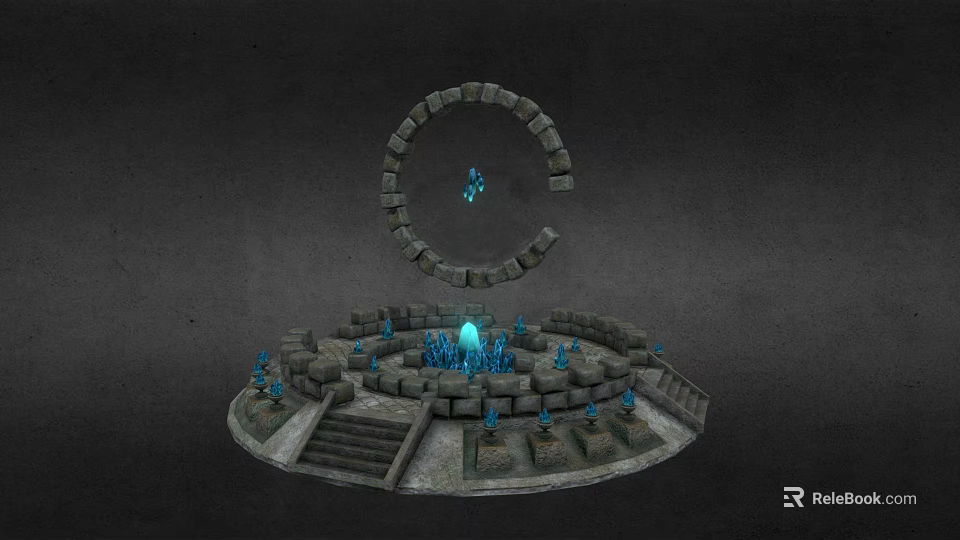 Cartoon Fantasy Scene With Circular Stone Platform Blue Glowing Elements And Floating Stone Ring 3d model